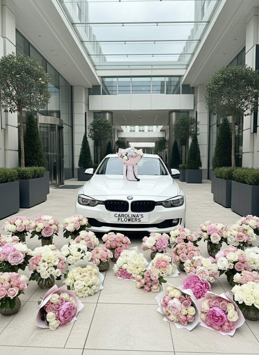 White BMW car with a bouquet of flowers on the hood in an urban setting